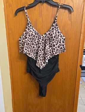 Leopard Ruffle One-Piece Swimsuit in Black and Tan